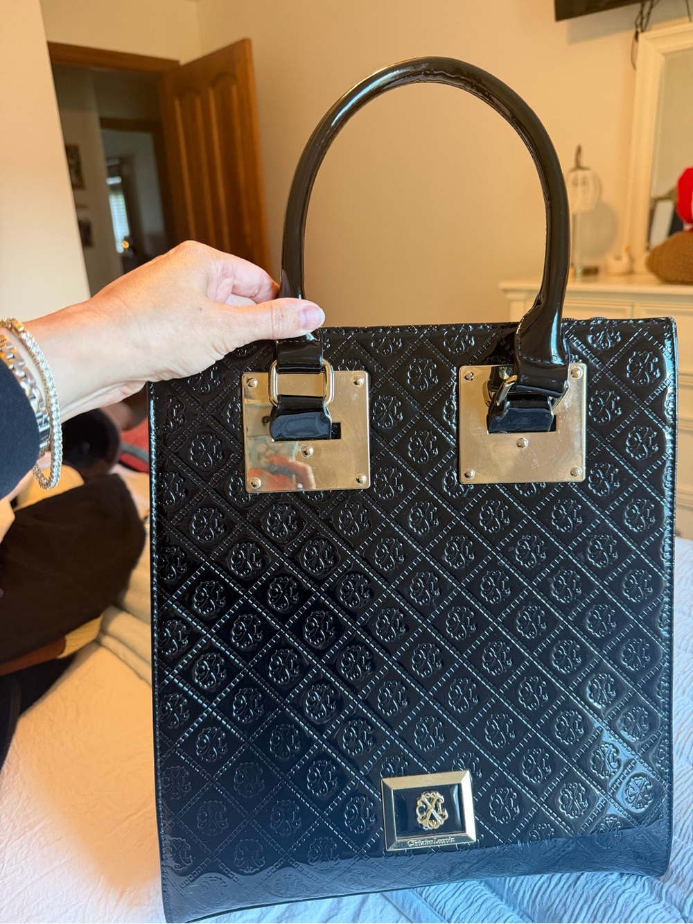 Christian Lacroix Black Patent Quilted Tote Bag with Gold Hardware